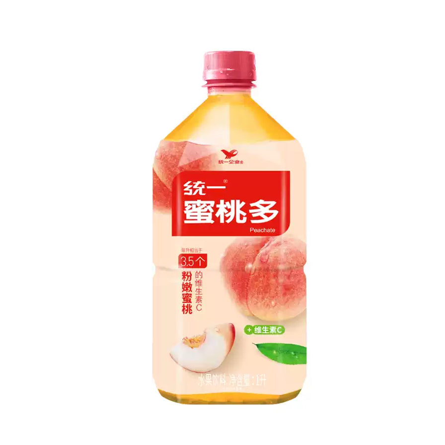 统一蜜桃多水果饮料1L大瓶装，粉色包装印有饱满水蜜桃图案。