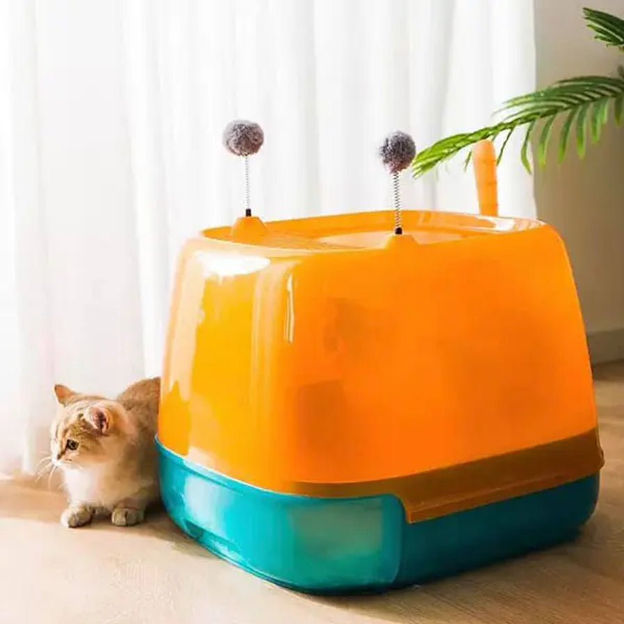 室内场景中，猫咪坐在橙绿撞色顶入式猫砂盆旁边，背景有窗帘和绿植
