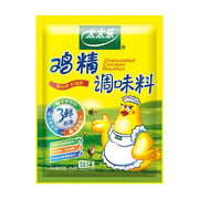 太太乐鸡精调味料454克袋装正视图，黄色包装印有卡通母鸡形象及3鲜标准标识。