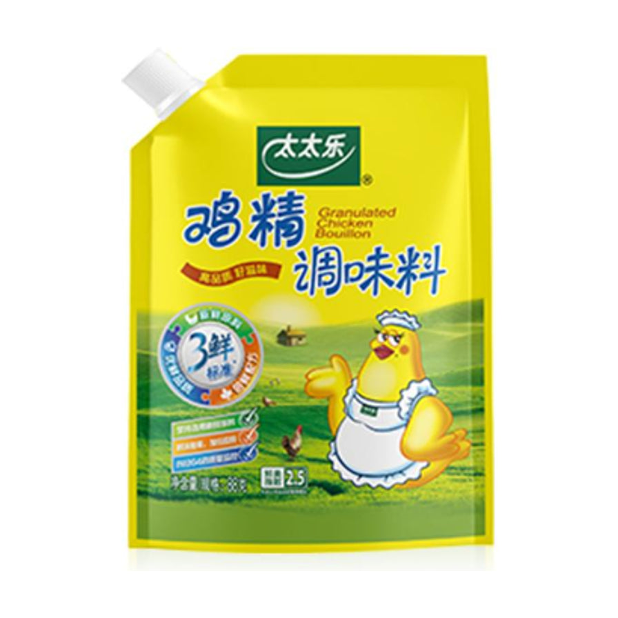 太太乐三鲜鸡精调味料180g带嘴包装，黄色袋装，印有卡通母鸡图案和3鲜标准标识。
