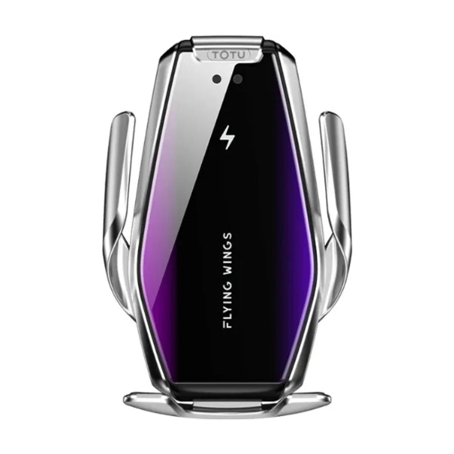 TOTU 车载无线充电手机支架正面图，展示银色金属质感夹臂与黑色镜面面板，带有闪电充电标识及 FLYING WINGS 字样。