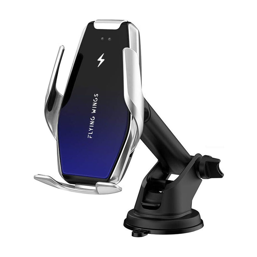 TOTU 车载无线充电手机支架斜侧面图，展示吸盘式底座支架结构，黑色支架臂与银色感应夹头。