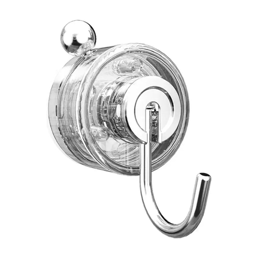 透明吸盘万向挂钩，展示其透明PET材质底座与不锈钢挂钩的侧面结构。