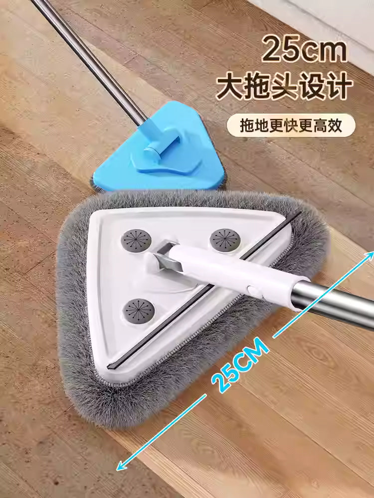 伸缩三角除尘拖把正面图，展示超细纤维布头和可调节不锈钢长柄细节