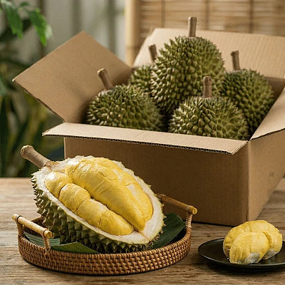 金杯冷冻榴莲肉商品展示图，白色背景下的袋装产品