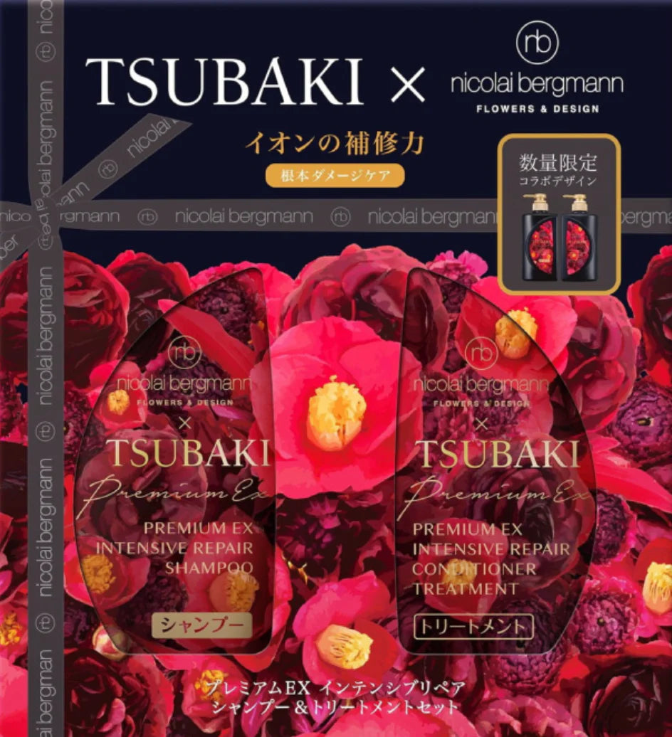 TSUBAKI x Nicolai Bergmann 黑椿限定礼盒正面图，展示红玫瑰背景下的洗发水与护发素瓶身设计。