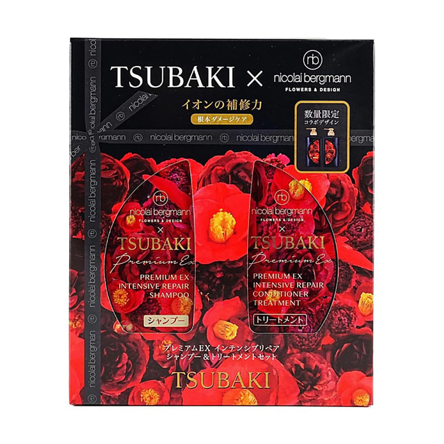 资生堂 TSUBAKI 丝蓓绮与 nicolai bergmann 联名限定款黑椿洗护套装礼盒包装，红色花卉设计。