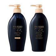 资生堂 TSUBAKI 丝蓓绮黑椿 Premium EX 密集修护洗发水与护发素套装，黑色瓶身搭配金色泵头。