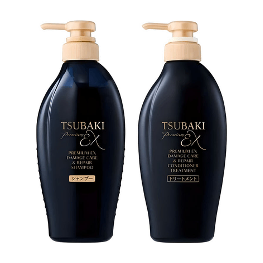 资生堂 TSUBAKI 丝蓓绮黑椿 Premium EX 密集修护洗发水与护发素套装，黑色瓶身搭配金色泵头。