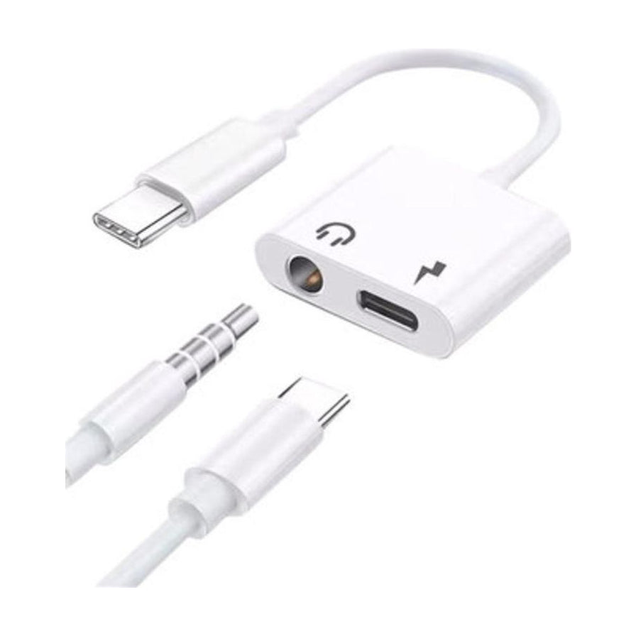 Type - C音频充电二合一转接头展示图，包含3.5mm耳机插头和Type - C充电线连接示意，白色简约设计。