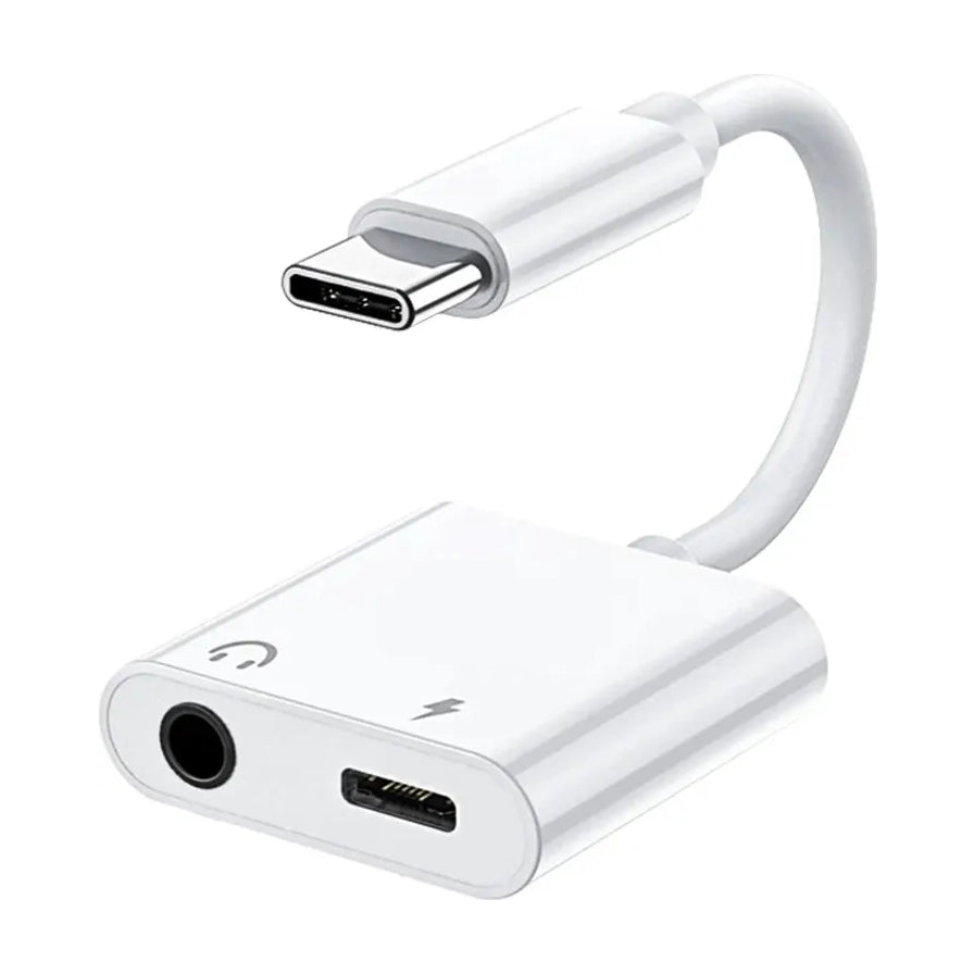 白色Type - C二合一音频转接头，一端为Type - C插头，另一端集成3.5mm耳机孔与Type - C充电口，带有耳机和闪电充电标识。