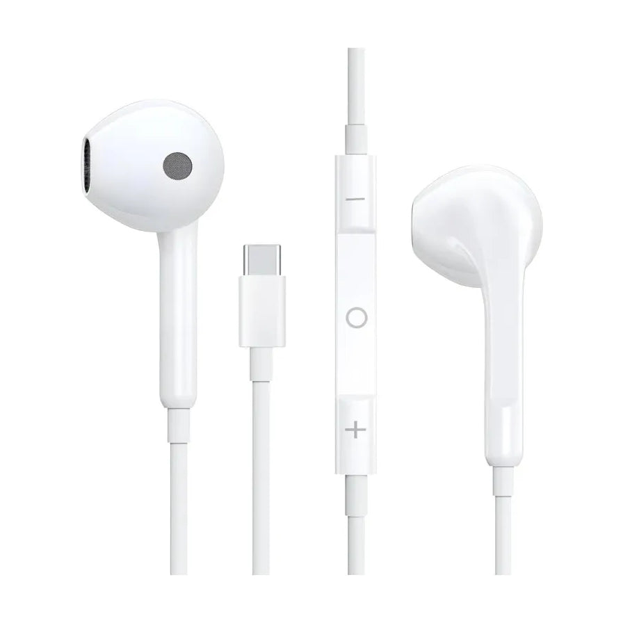 白色Type - C有线入耳式耳机，展示了耳机头、Type - C接口以及带有音量调节和通话控制按钮的线控模块。