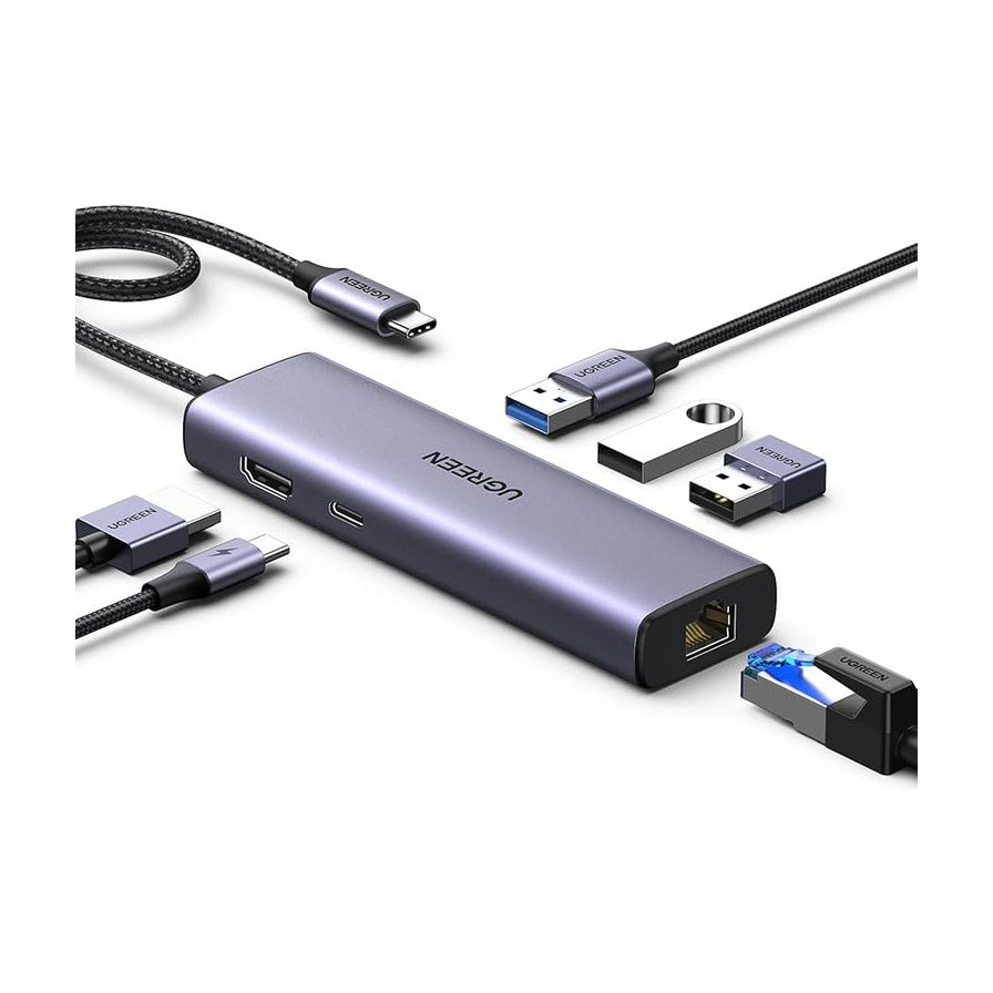 绿联深灰色四合一扩展坞，展示连接USB - C、USB - A接口及千兆网线的渲染图。