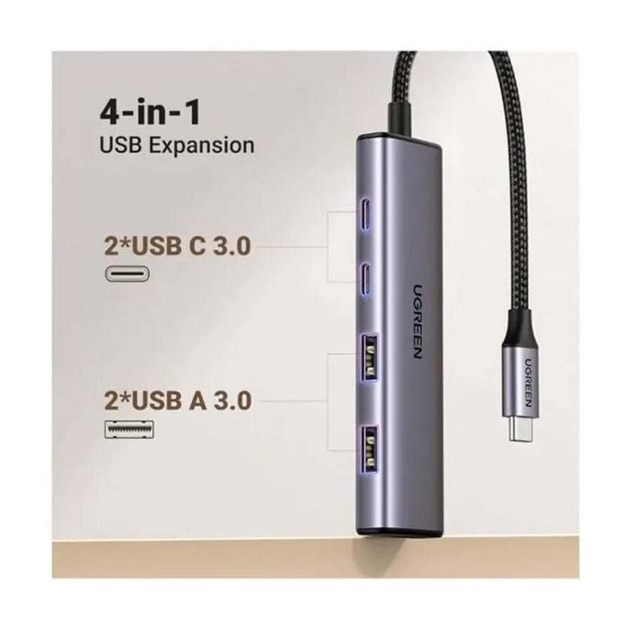 绿联扩展坞侧面接口细节图，标注包含2个USB - C 3.0接口和2个USB - A 3.0接口。