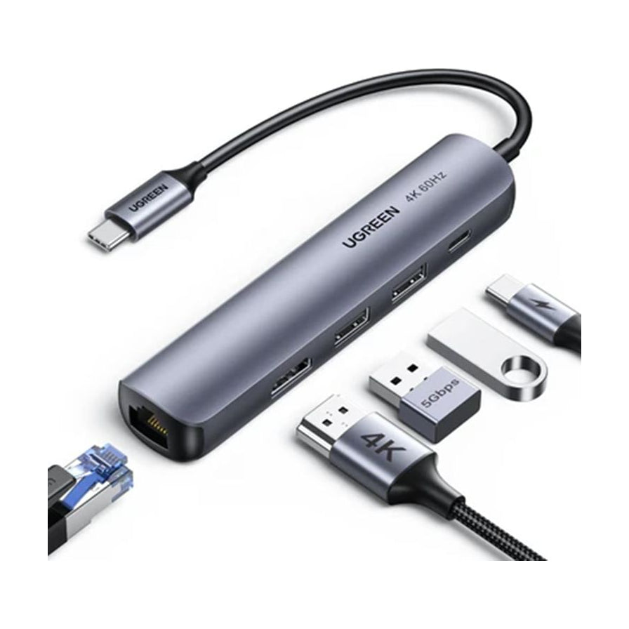 绿联五合一扩展坞，深灰色铝合金外壳，展示连接 HDMI 4K 60Hz 视频线、USB 闪存盘、千兆网线和 Type - C 接口的示意图。