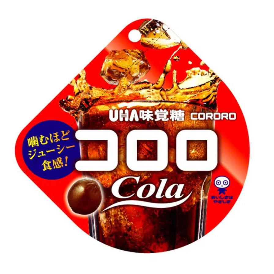 UHA味觉糖酷露露可乐味软糖包装，红色包装袋上印有冰爽可乐和气泡图案。