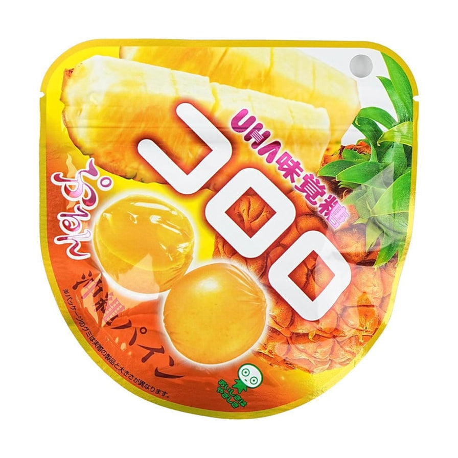 悠哈UHA酷露露菠萝味软糖包装，黄色包装袋上印有切开的菠萝果肉和日文产品标识。