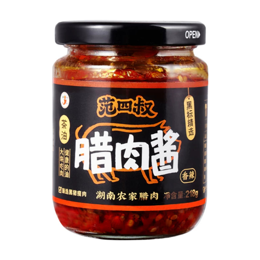 范四叔茶油系列腊肉酱，218克玻璃罐装，标签显示湖南农家腊肉及茶油熬制说明。