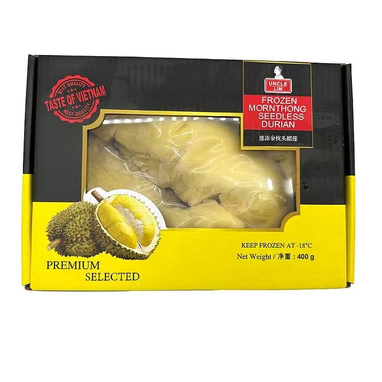 林叔越南冷冻金枕头榴莲肉 400g 包装正面，展示金黄无籽纯果肉