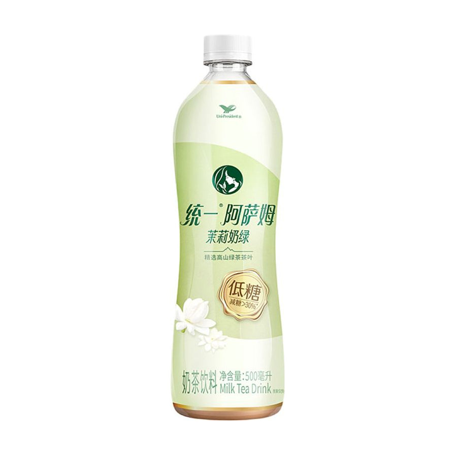 统一阿萨姆茉莉奶绿瓶装，浅绿色包装，瓶身印有茉莉花图案和低糖标识。
