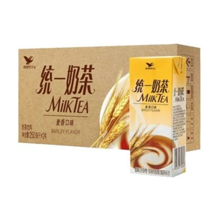 统一麦香奶茶250ml利乐包单盒与24盒整箱装展示，包装上有麦穗图案和统一奶茶标识。