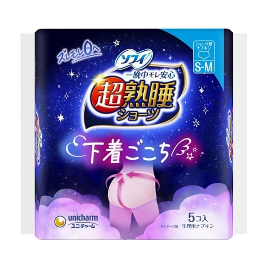 尤妮佳苏菲超熟睡安睡裤M码5片装包装正面，深蓝色星空背景，右上角标有S - M尺码标识。