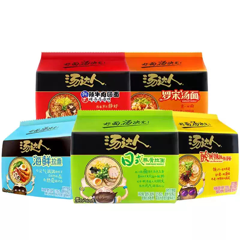 统一汤达人五连包方便面组合，包含五种经典口味，适合宿舍囤货或周末聚餐分享。