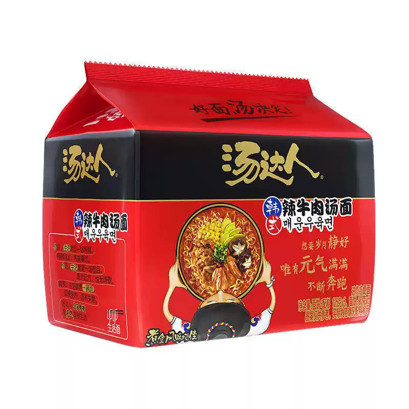 统一汤达人韩式辣牛肉味袋装方便面，红亮汤底搭配劲道面条，适合嗜辣爱好者暖胃享用。