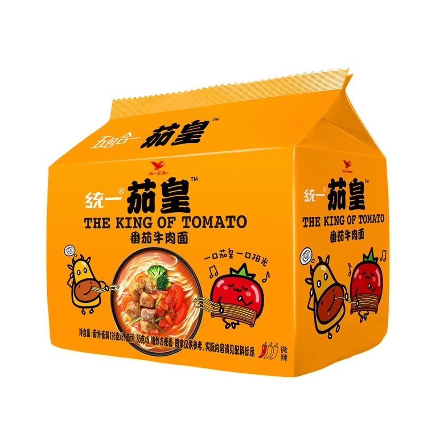 统一茄皇番茄牛肉味方便面单包特写，红色包装显示牛肉口味