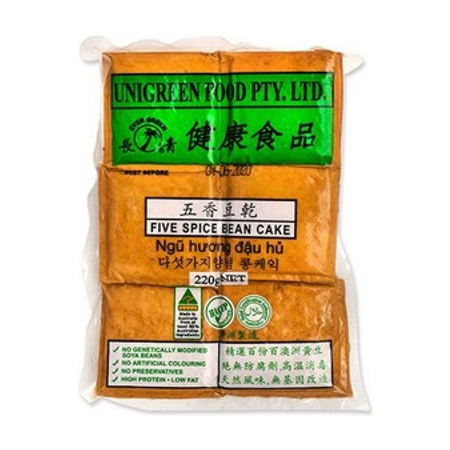 长青五香豆干真空包装正面图，包装上印有五香豆干、Five Spice Bean Cake、220g 净含量及健康食品字样。