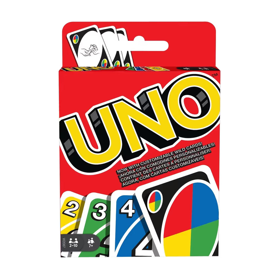 UNO 经典纸牌游戏红色外包装正面，展示了品牌标志、彩色数字牌和功能牌。
