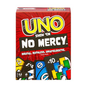 UNO Show 'Em No Mercy 毫不留情版桌游红色包装盒正面，展示了游戏名称及包含+10惩罚卡在内的特制卡牌图案。