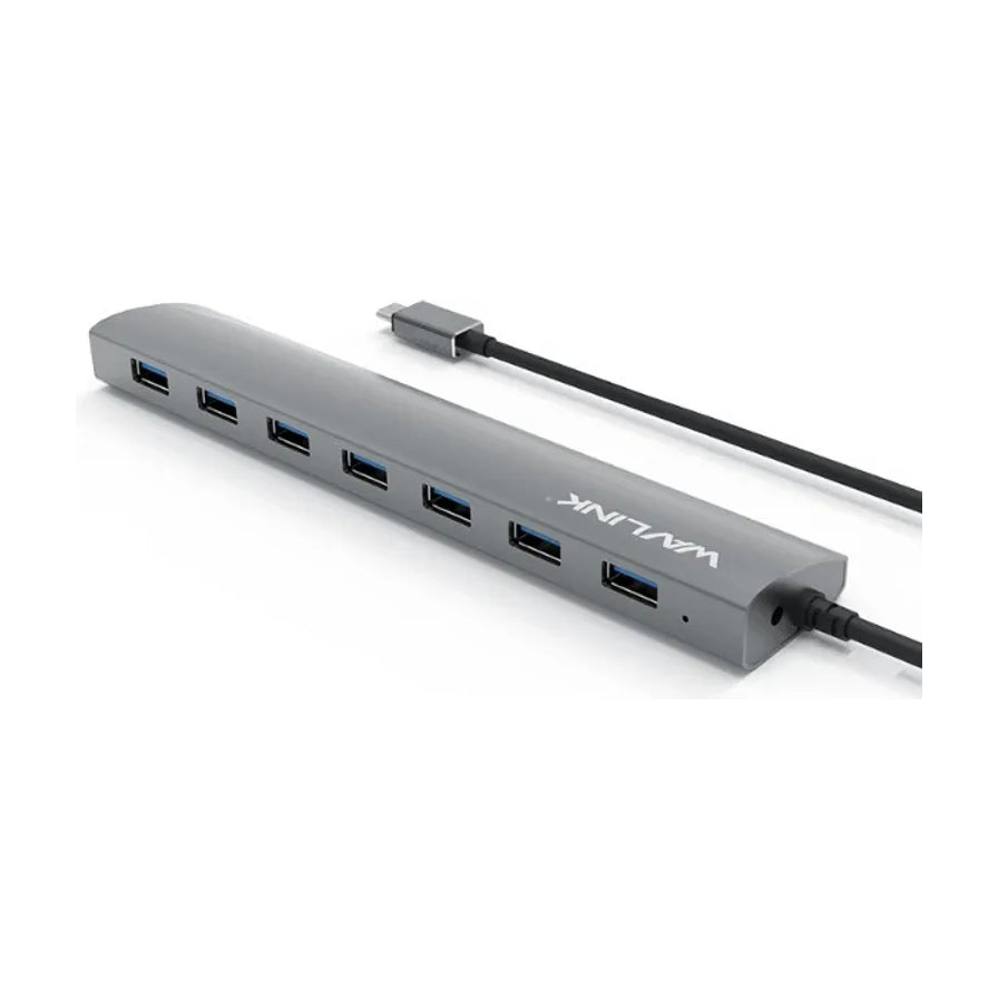 WAVLINK 灰色金属外壳 USB - C 七口 USB 3.0 扩展器，展示其修长身形与七个蓝色 USB 接口。