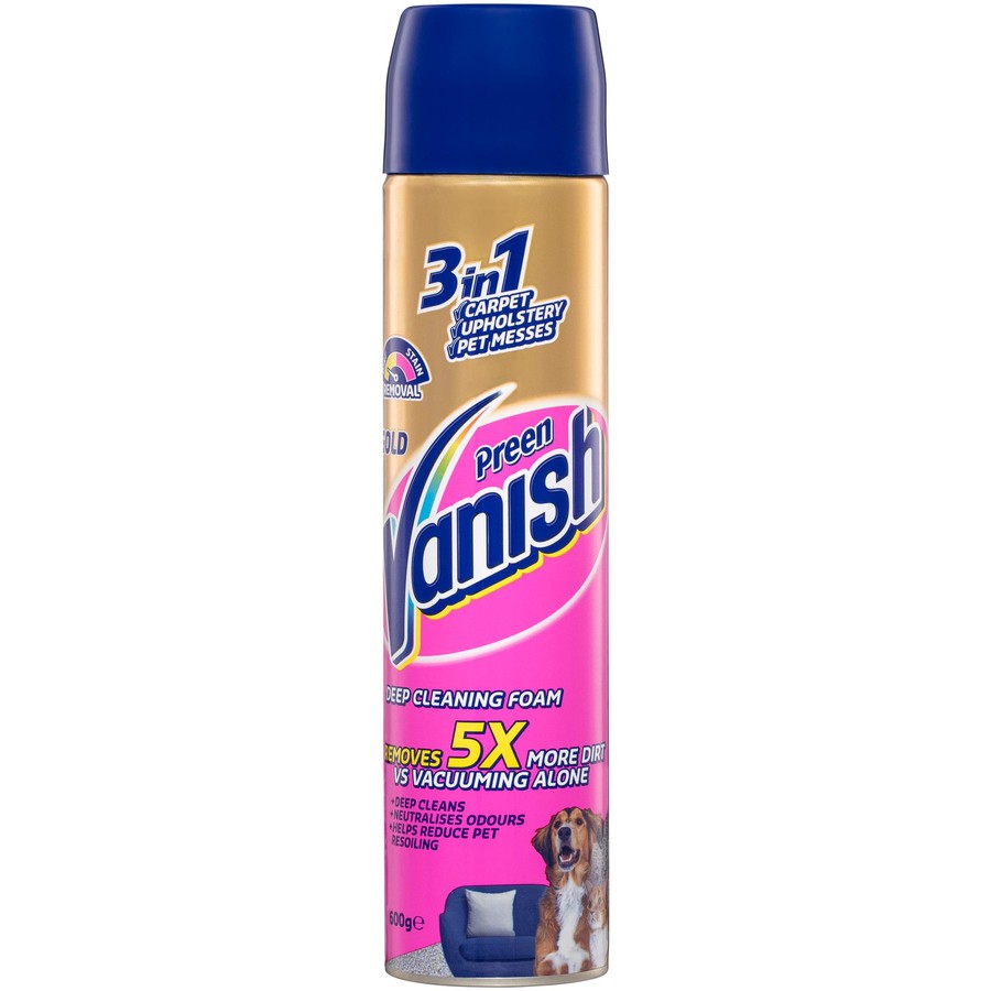 Vanish Preen Gold 地毯清洁泡沫瓶身，专为宠物家庭去渍除味设计