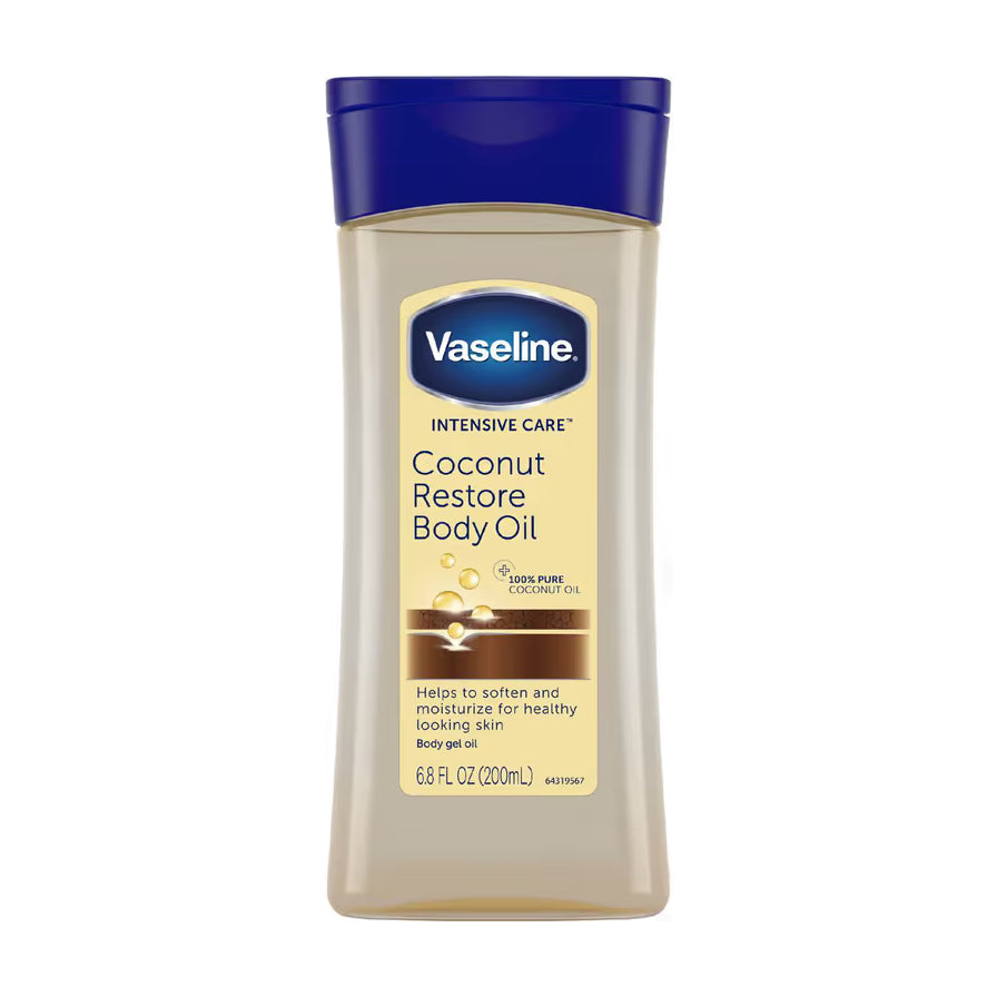 凡士林强效修复椰子润肤油正面图，瓶身标有 Coconut Restore Body Oil 字样，含有100%纯椰子油成分。