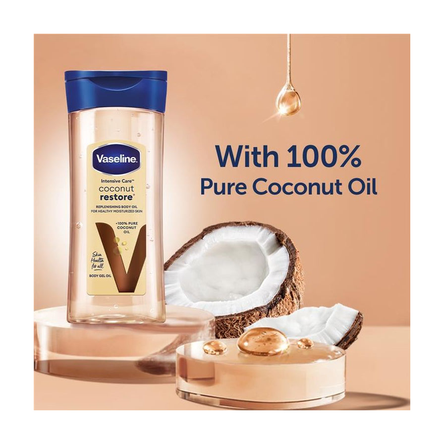 凡士林椰子润肤油展示图，背景包含切开的椰子和透明底座上的油滴，文字标注含有100%纯椰子油。