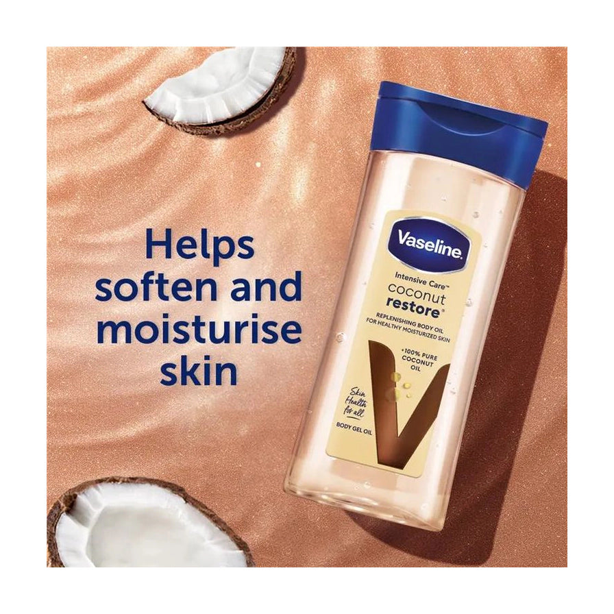 凡士林椰子润肤油斜放于沙滩质感背景，旁边配有椰子肉装饰，左侧文字说明有助于软化和滋润肌肤。