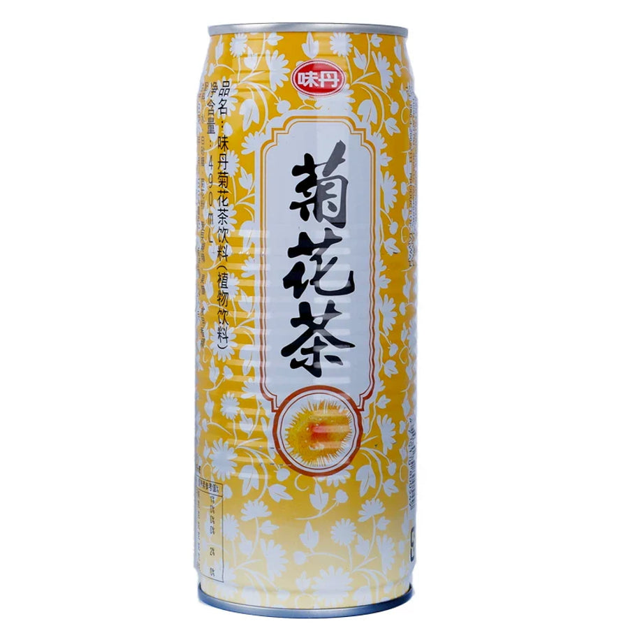 味丹菊花茶475ml罐装正面图，黄色花卉图案包装，标注有菊花茶及植物饮料字样。