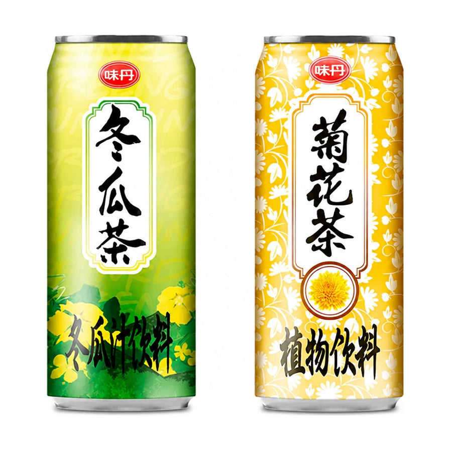 味丹冬瓜茶与菊花茶475ml罐装产品合集，白色背景，展示绿色与黄色包装设计。