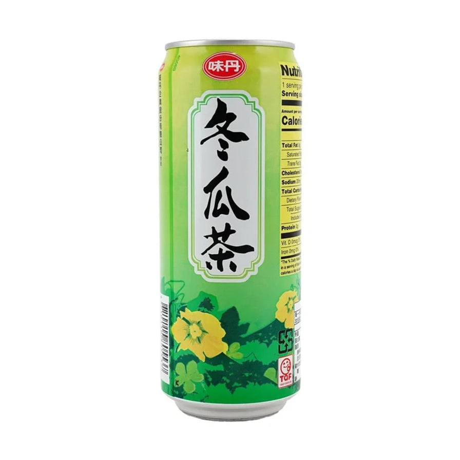 味丹冬瓜茶475ml罐装侧面图，绿色包装印有冬瓜花图案，展示营养成分表及条形码。