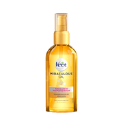 Veet Miraculous Oil 脱毛伴侣精油正面产品图，金色瓶身配按压泵头，黑色背景。