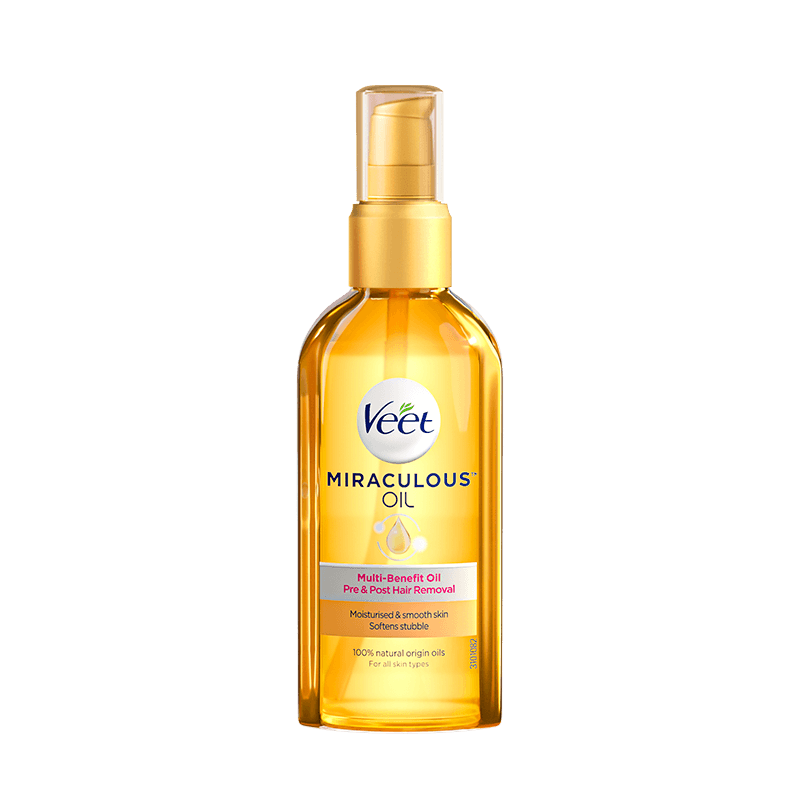 Veet Miraculous Oil 脱毛伴侣精油正面产品图，金色瓶身配按压泵头，黑色背景。