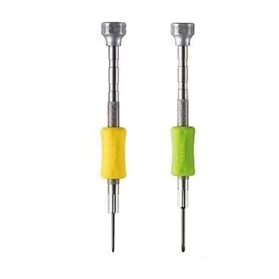 日本 VESSEL 微型精密起子组，包含黄色和绿色防滑握柄的两支螺丝刀，白色背景商品展示图。