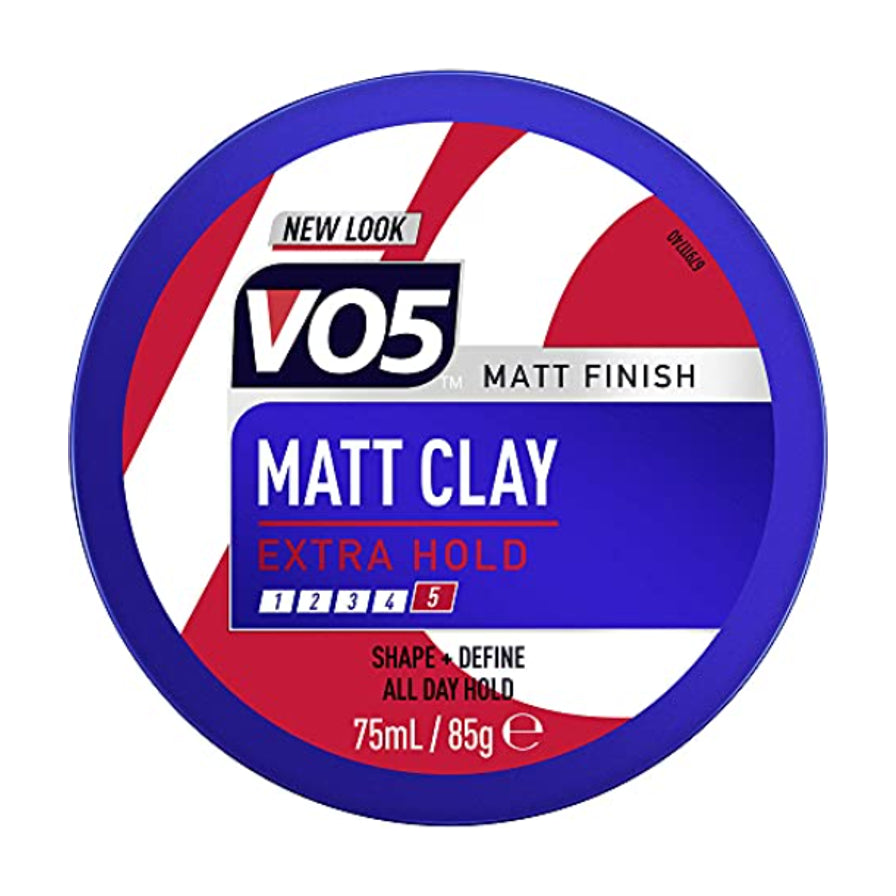 VO5 Matt Clay 哑光发泥产品俯视图，展示蓝红白配色的圆形包装盖及品牌标识。