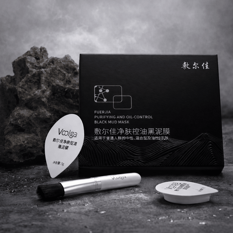 敷尔佳黑泥膜产品外包装盒正面图，白色背景展示品牌与规格信息。