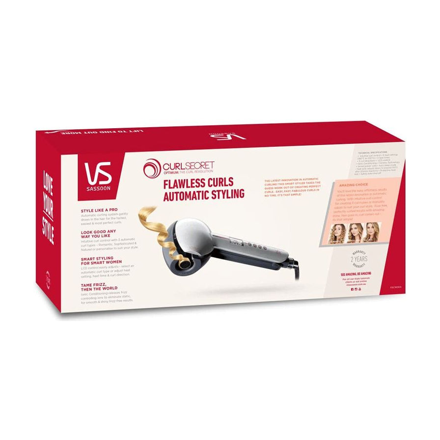 VS Sassoon Curl Secret 红色产品包装盒正面，印有品牌 Logo、产品名称及功能说明。