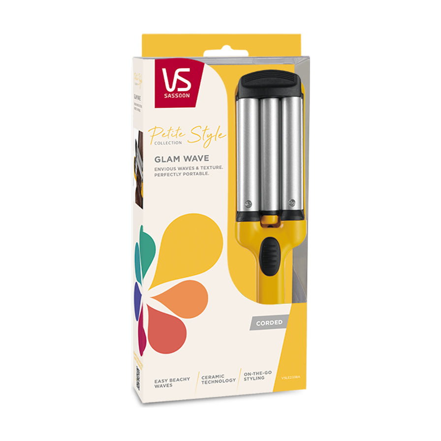 沙宣 Glam Wave 卷发器零售包装盒正面图，包含产品视窗和品牌标识。