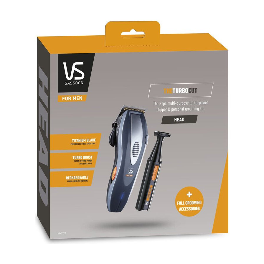 VS Sassoon 理发套装产品包装盒正面图，灰色与橙色设计，印有产品图片及英文卖点。