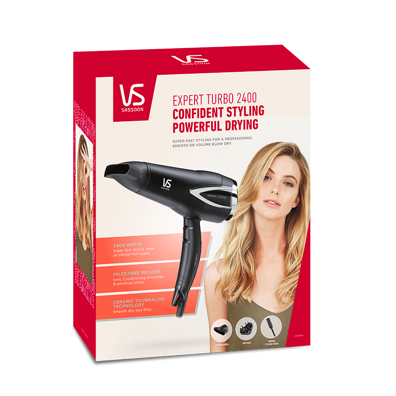VS Sassoon Expert Turbo 2400 产品包装盒正面展示，印有模特发型效果图及英文功能卖点。