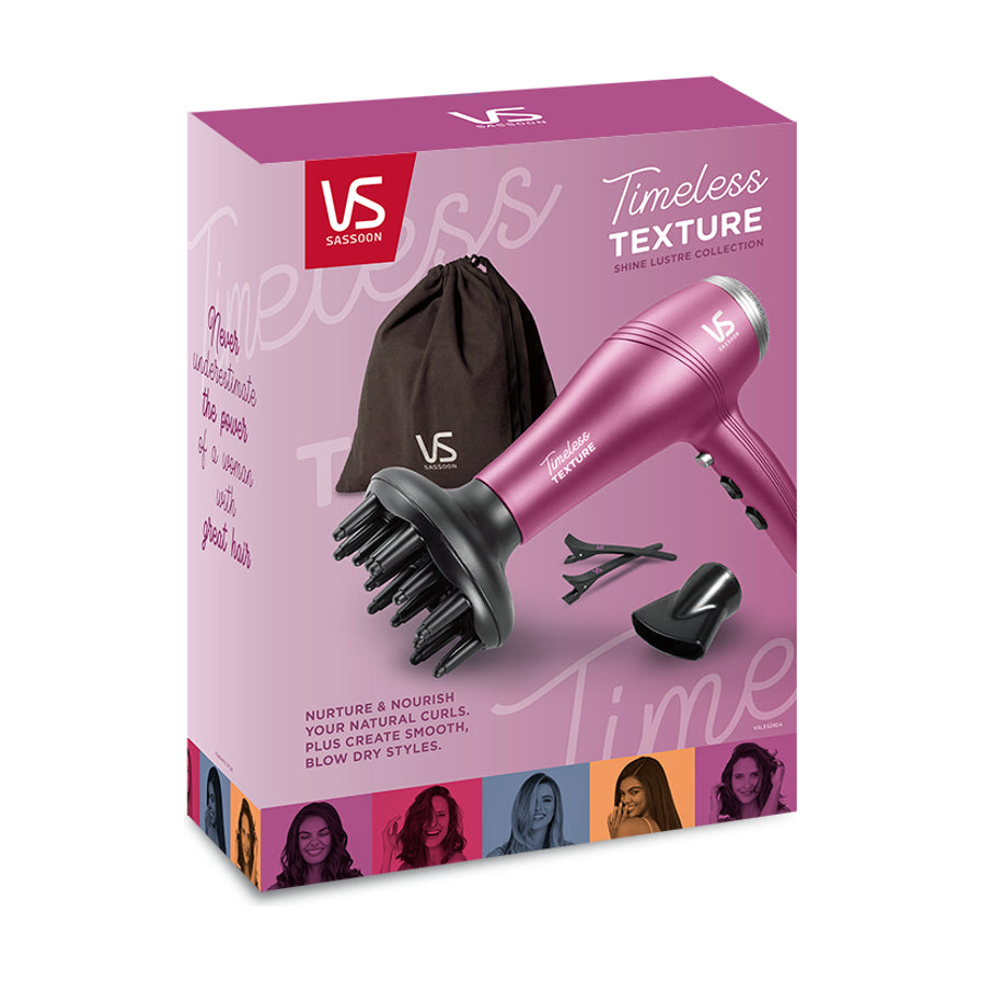 VS Sassoon Timeless Texture 吹风机套装粉色包装盒，展示产品外观及配件组合。
